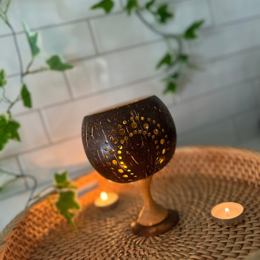 Hand Carved Coconut Shell Candle Holder